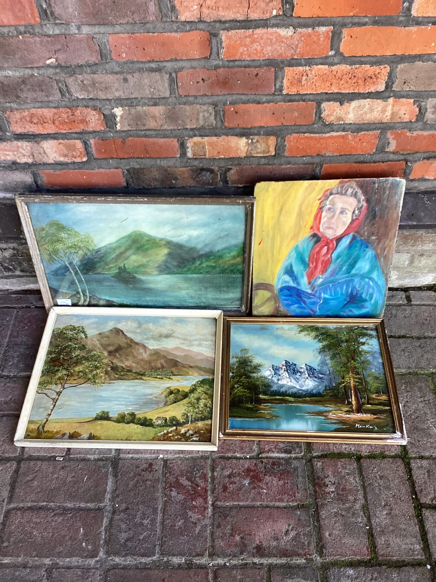 755 three framed country scene artworks & one of lady