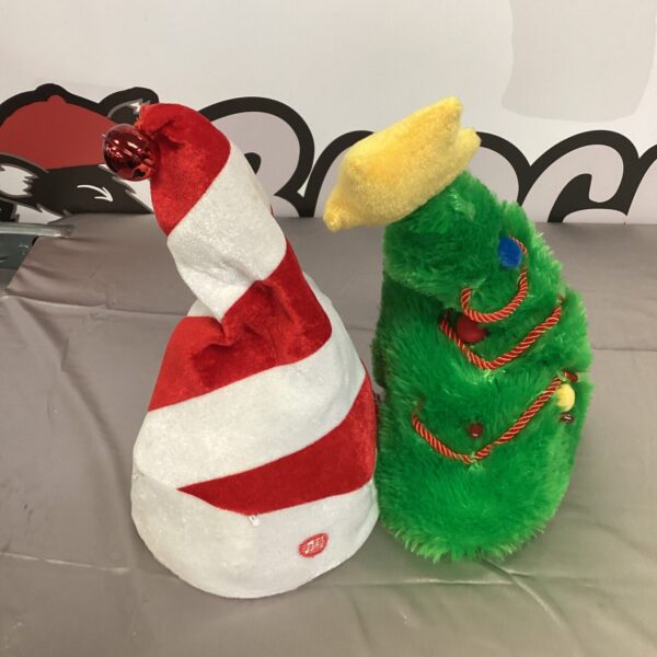 Red and white striped musical Christmas hat for festive celebrations.