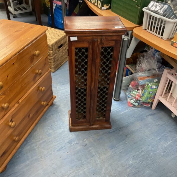 Vintage oak CD rack with metal mesh front.