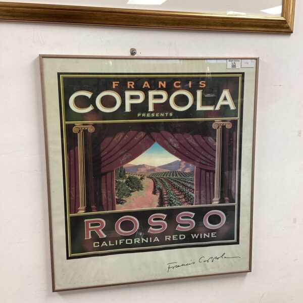 Signed Francis Coppola Rosso California red wine poster with vineyard scene.