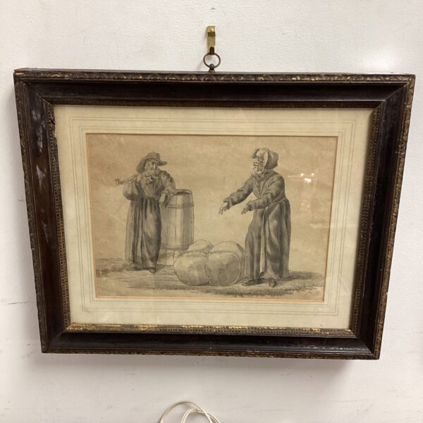 18th-century pen and wash study of country folk in conversation.