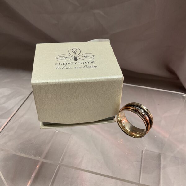 Close-up of a sterling silver ring with a stone setting, size V.
