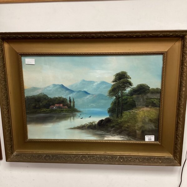 Antique oil painting of a serene mountain lake landscape.