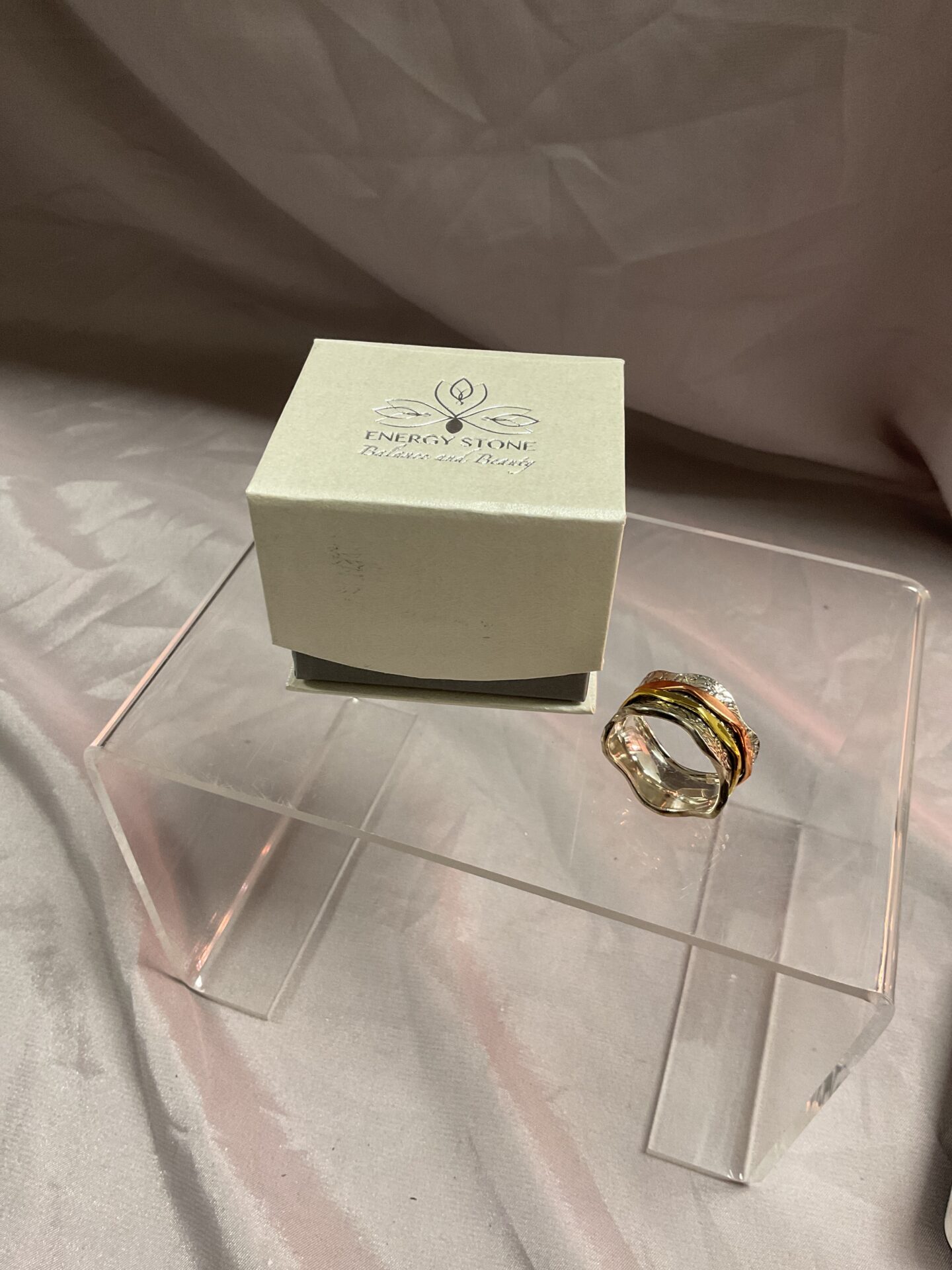 864 Energy stone Sterling Silver ring with brass and copper spinners size V