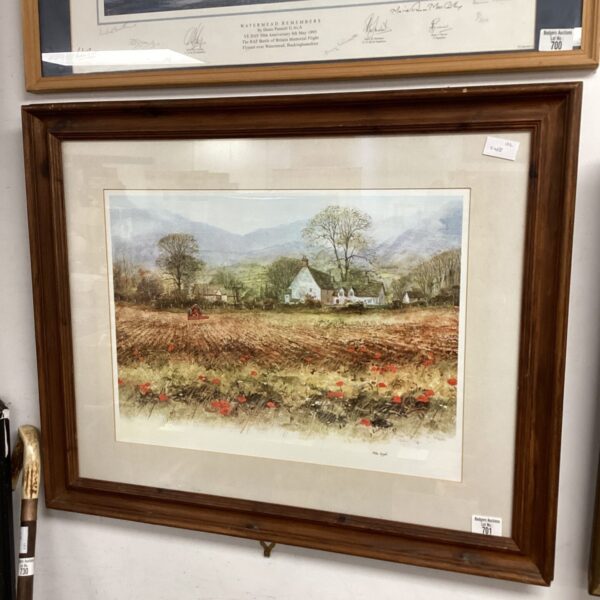 Mike Knight framed print of a farmer ploughing with poppies.