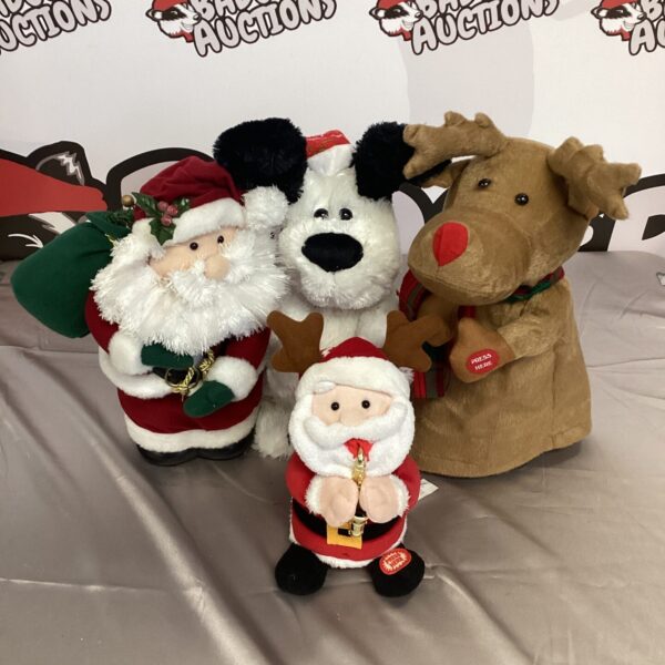 Group of four Christmas musical figures, Santa and reindeer.