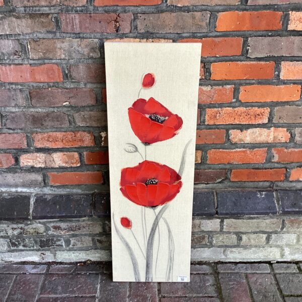 Vibrant poppy fabric art painting, a beautiful floral wall hanging.