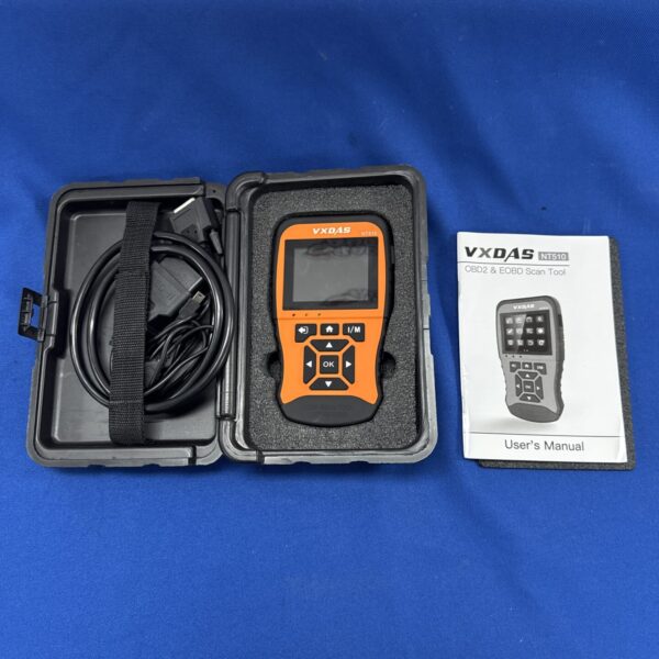Vxdas OBD2 scanner in protective case for vehicle diagnostics.