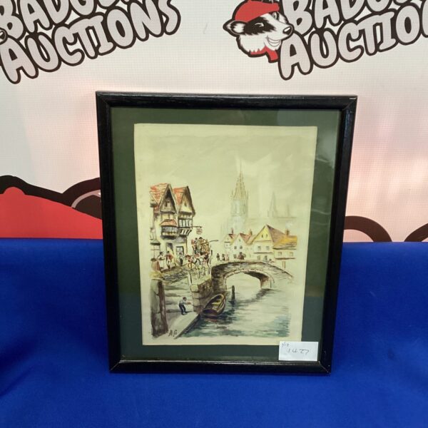 Vintage watercolour painting of a canal scene with a church.