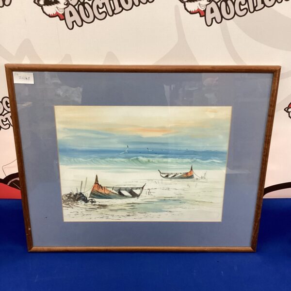 Signed watercolour painting of fishing boats on a beach.