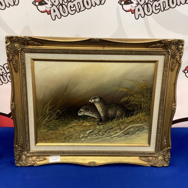 Vintage otter oil painting signed by Nance, charming wildlife art.