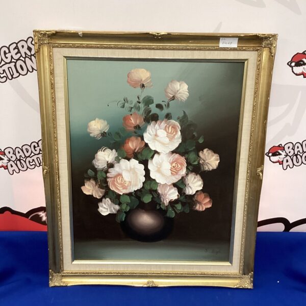 Vintage oil painting of roses signed s leigh, floral still life art.