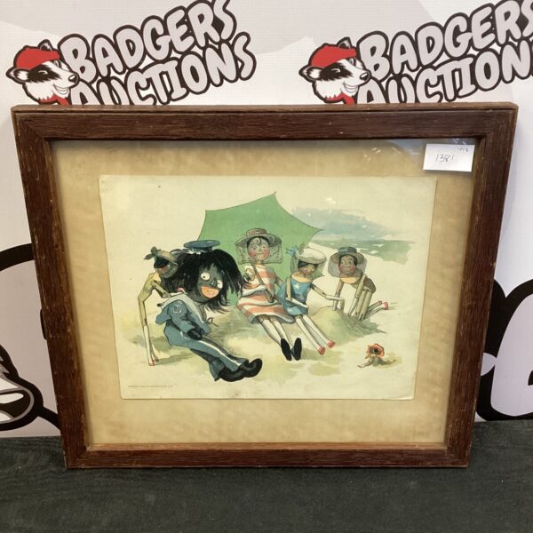 Antique Victorian print of golly and dolly on the beach.