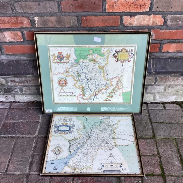 Vintage framed maps of Staffordshire and Gloucester, antique cartography.