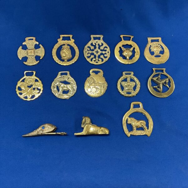 Collection of vintage horse brasses with intricate designs.