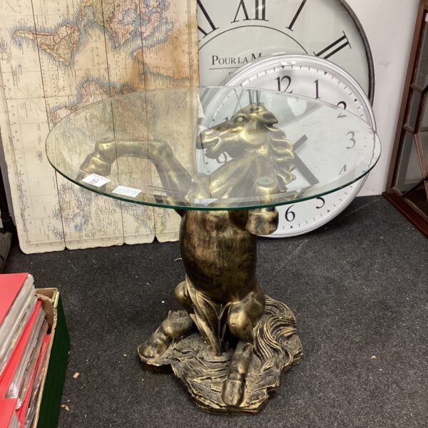 Bronze rearing horse side table with glass top, unique home decor.