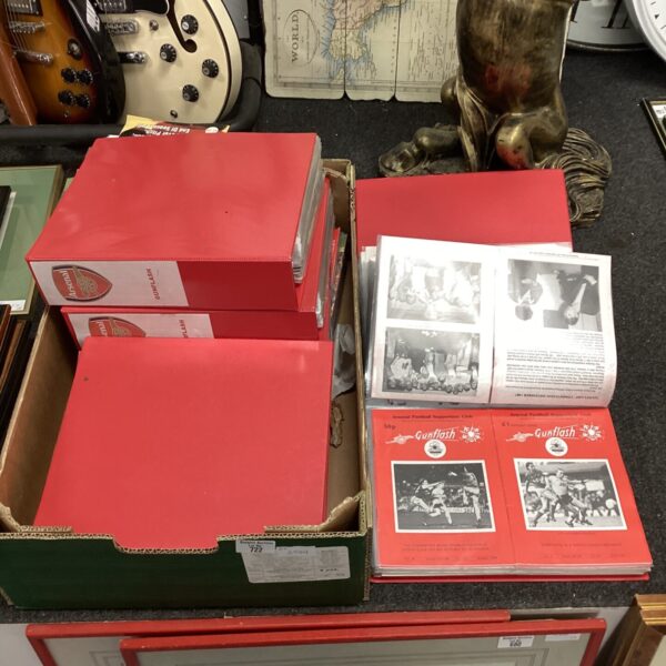 Large collection of vintage Arsenal Gun Flash football magazines in folders.
