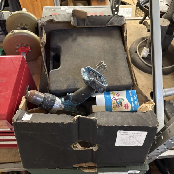 Shed clearance lot featuring a drill and assorted hand tools.