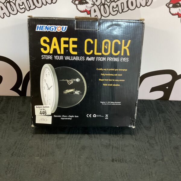 Hengyou safe clock with hinged front revealing hidden storage.