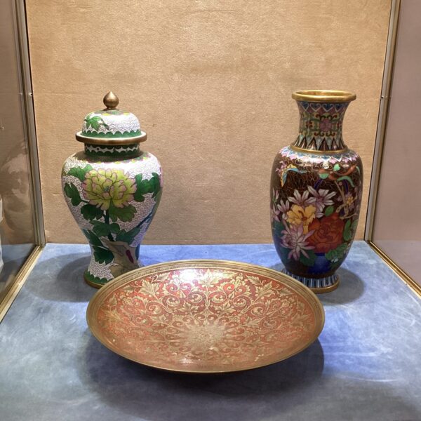 Antique Chinese cloisonne vases and dish with floral designs.