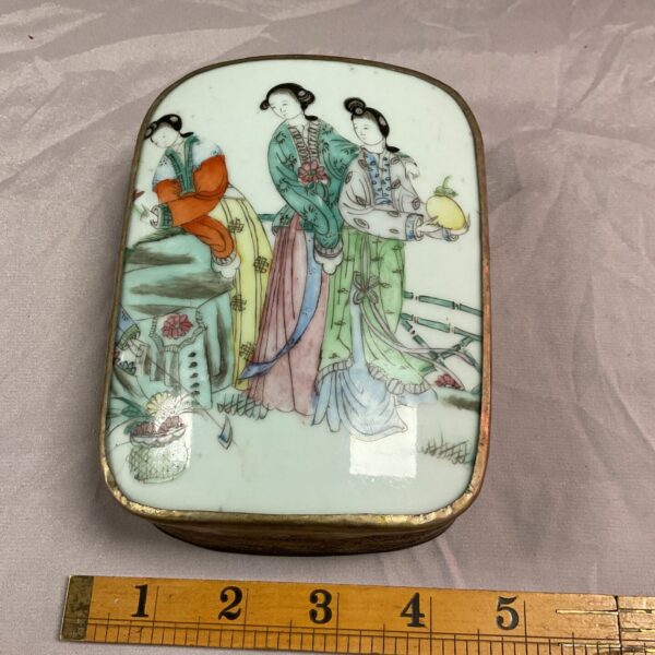 Vintage Japanese ceramic box with hand-painted garden scene.