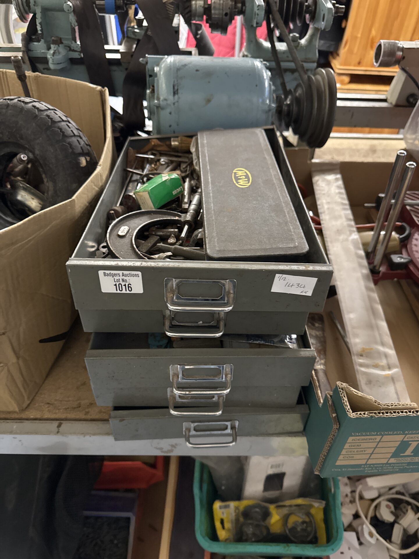 1016 Five metal drawers with contents inc vernier gauges