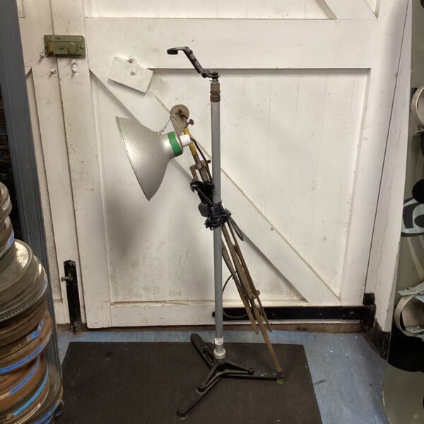 Vintage Lake & Elliot microphone stand with spotlight fixture.