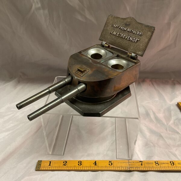 Antique HMS Revenge inkwell, detailed naval gun turret design.