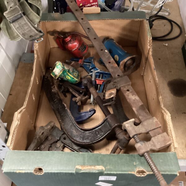 Vintage clamps and tools lot with Draper oil can.