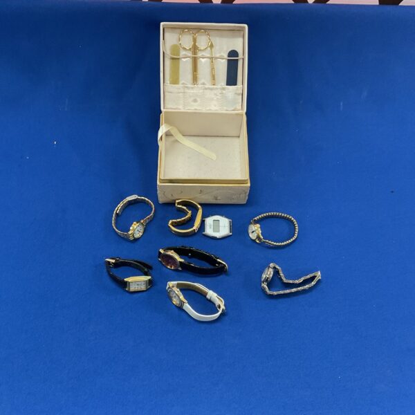 Vintage ladies watch lot with a retro pedicure box.