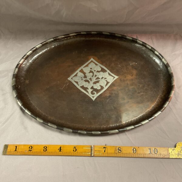 Vintage Hugh Wallis copper tray with pewter fruit tree inlay.