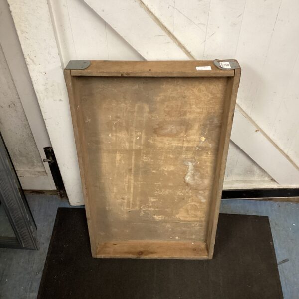 Vintage wooden tray with metal corner details, rustic farmhouse style.