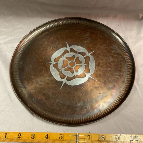 Vintage Hugh Wallis copper tray with pewter rose inlay.