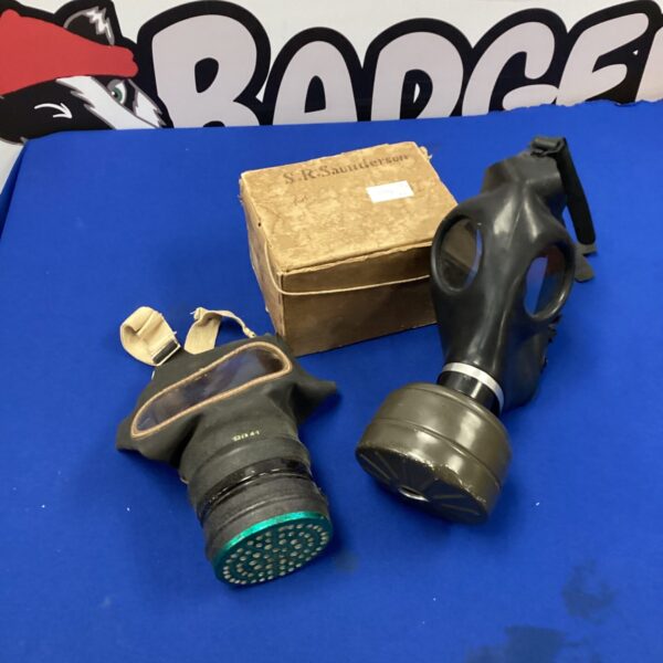 Pair of vintage S10 gas masks, civil defence equipment.