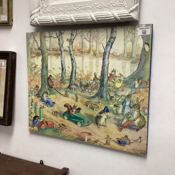 Vintage Molly Brett childrens print with animals in a playful scene.