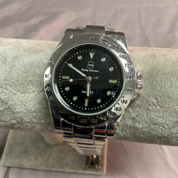 Front view of a Phillips Mercier stainless steel wristwatch.