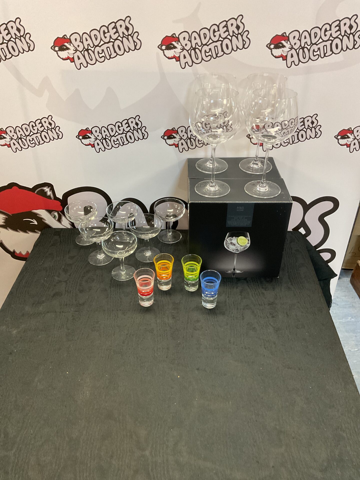 453 new M&s set of four gin glasses, six cocktail glasses snd four multicoloured shot glasses