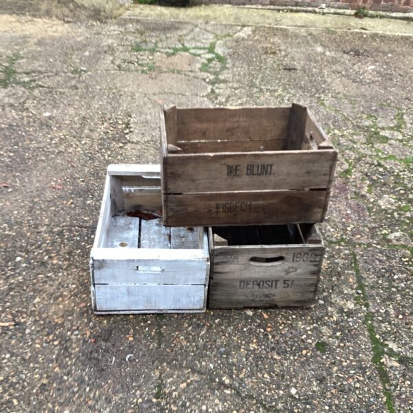 Lot of three vintage wooden fruit crates for storage.