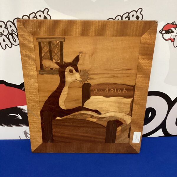Vintage Rudolph the Red-Nosed Reindeer wooden plaque for Christmas decor.