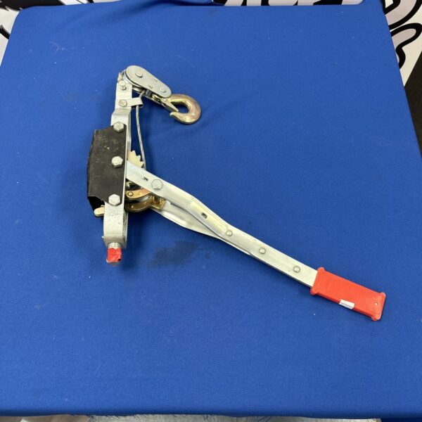 Steel cable winch tool with lever and hook.