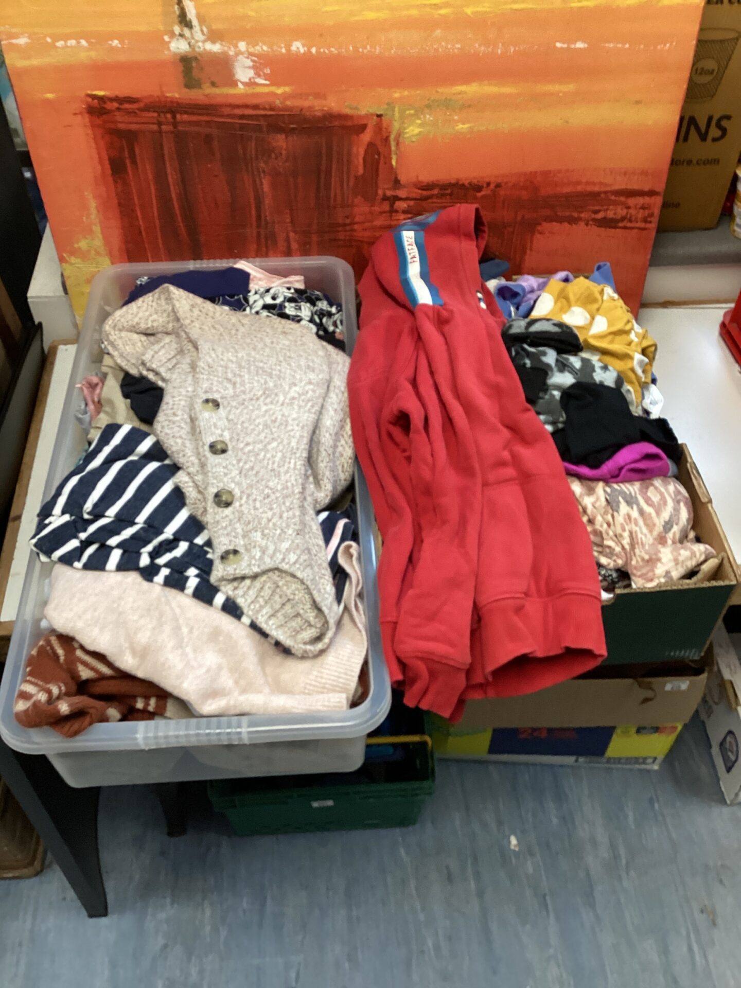 515 Two boxes of mixed clothing for kids inc fatface hoodie, disney tops & primark