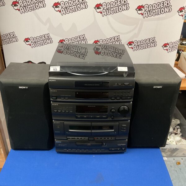 Front view of vintage Sony stack hi-fi system with record player.