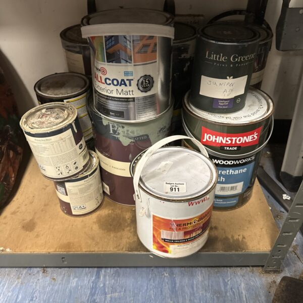 Selection of part-used paint containers for DIY projects.