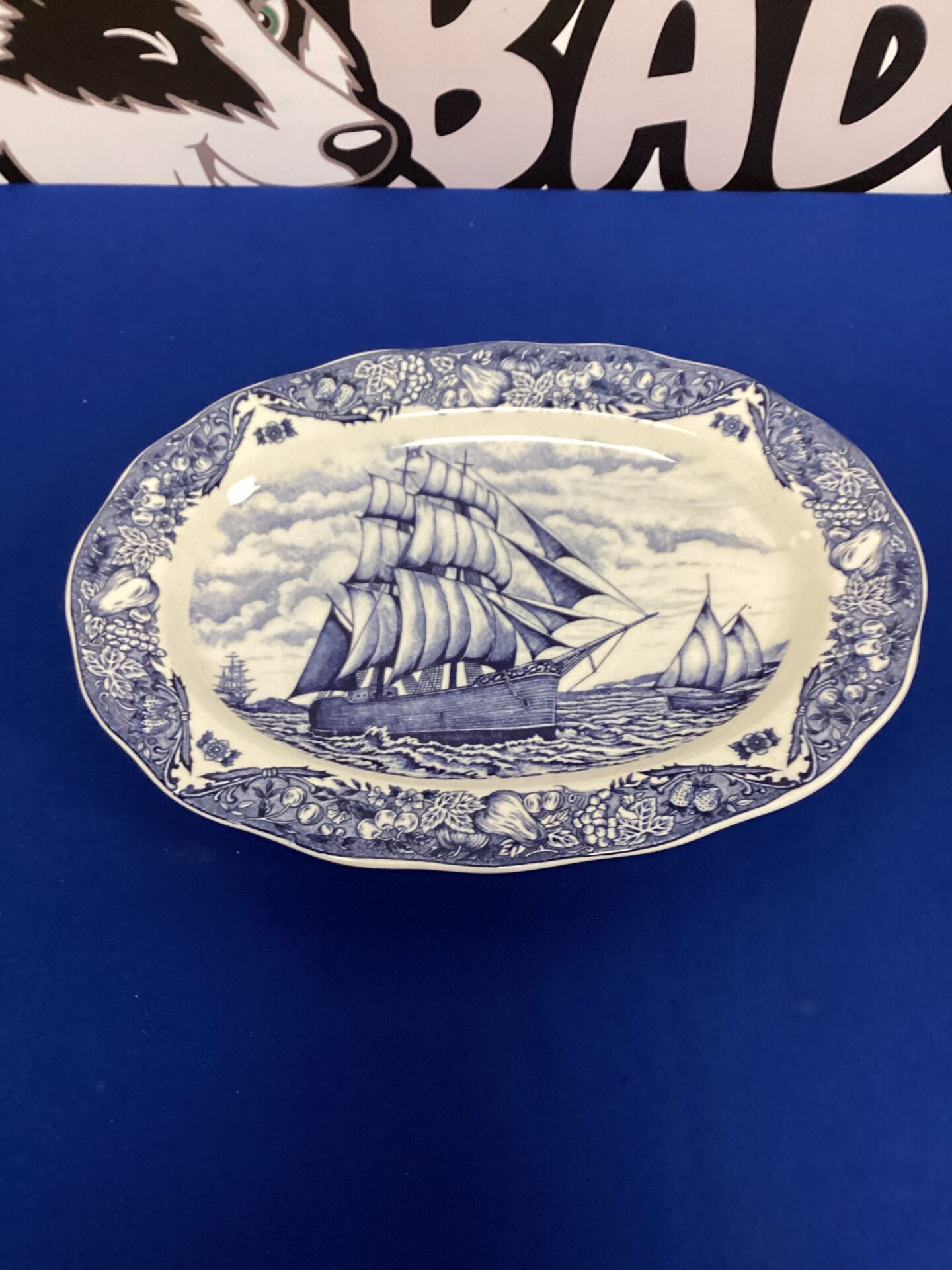 250 Large Blue and White Porcelain Meat Plate featuring a boat
