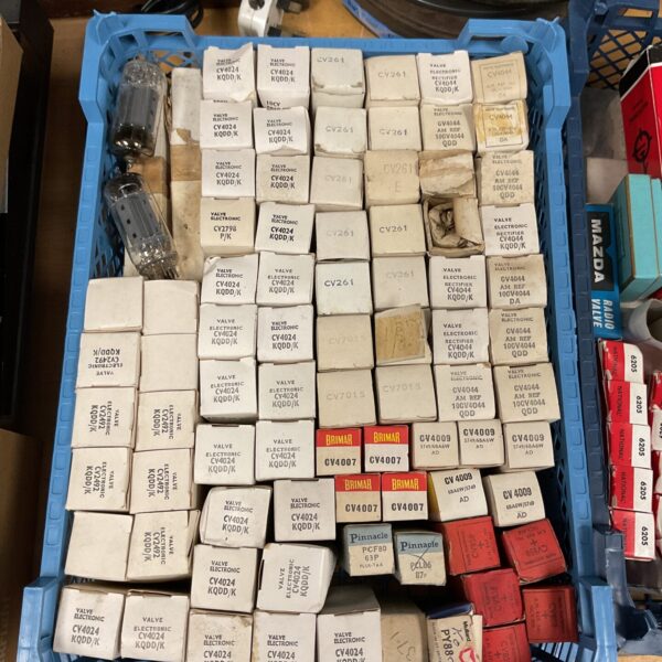 Tray of assorted vintage radio valves for collectors and restoration.