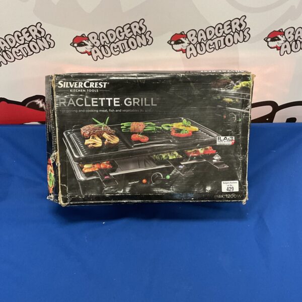 Silvercrest raclette grill appliance for cooking cheese and meats.