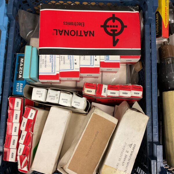 Tray of assorted vintage radio valves for restoration or display.