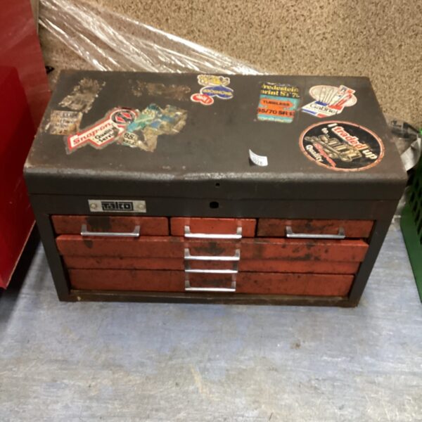 Vintage Talco metal tool chest with drawers and stickers.