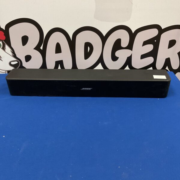 Front view of a black Bose soundbar for home theater use.