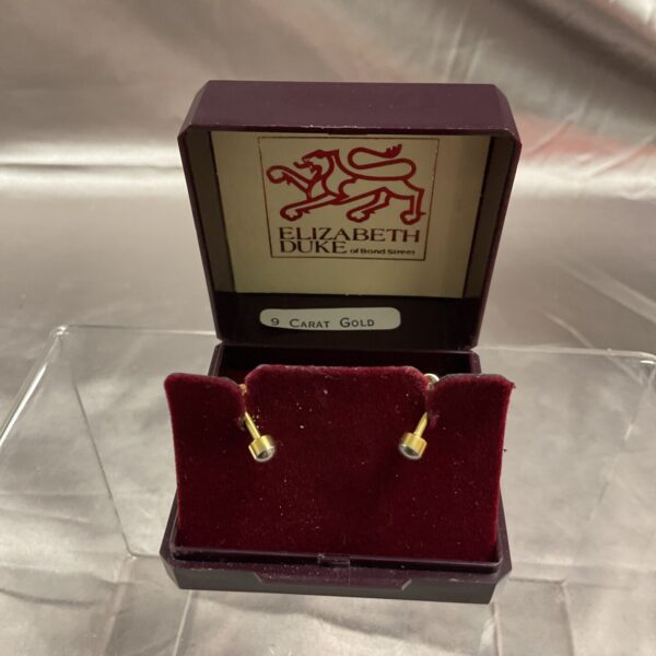 Close-up of 9ct gold stud earrings in a presentation box.